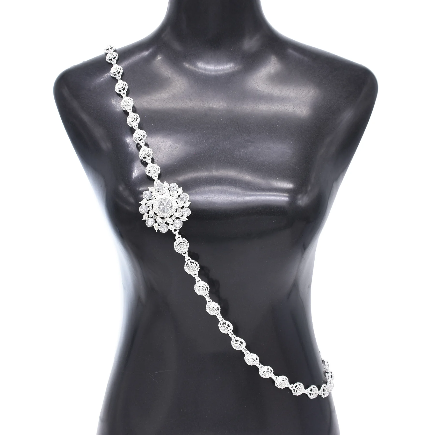 

Посеребренная золотая металлическая цепочка с 3D полыми кристаллами и цветами, цепочка для тела, Арабская Свадебная цепочка для невесты, ювелирные изделия для тела из Индии