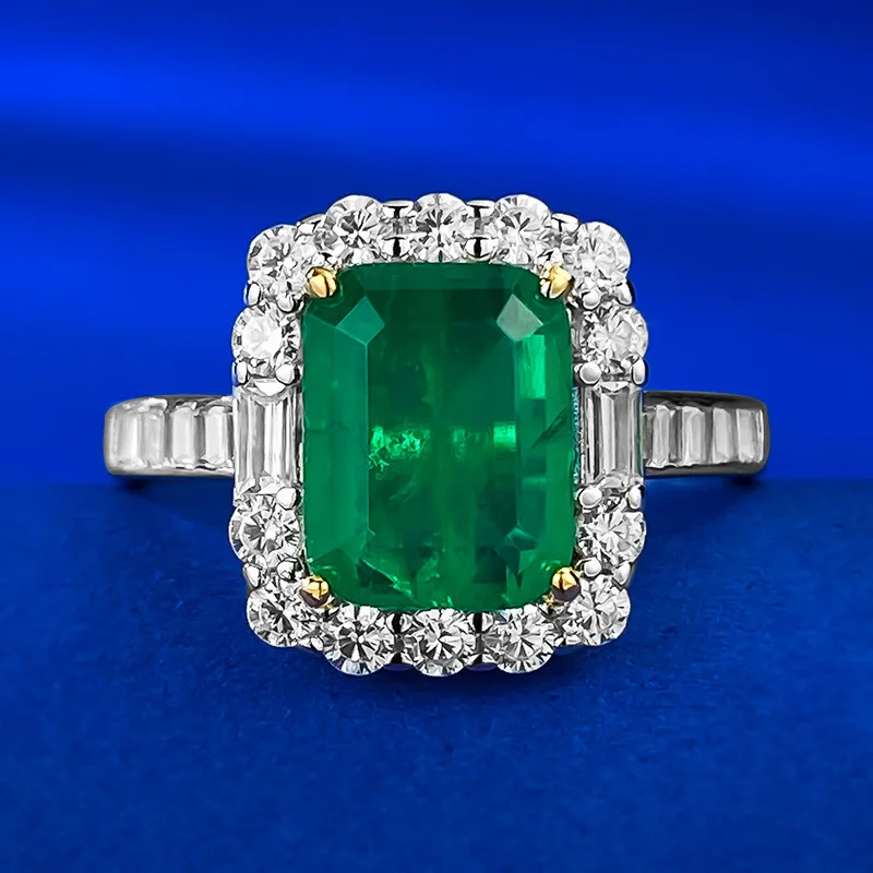 

The new S925 silver imitation Emerald 2-carat group full diamond ring for women 7 * 9 Europe and America cross-border