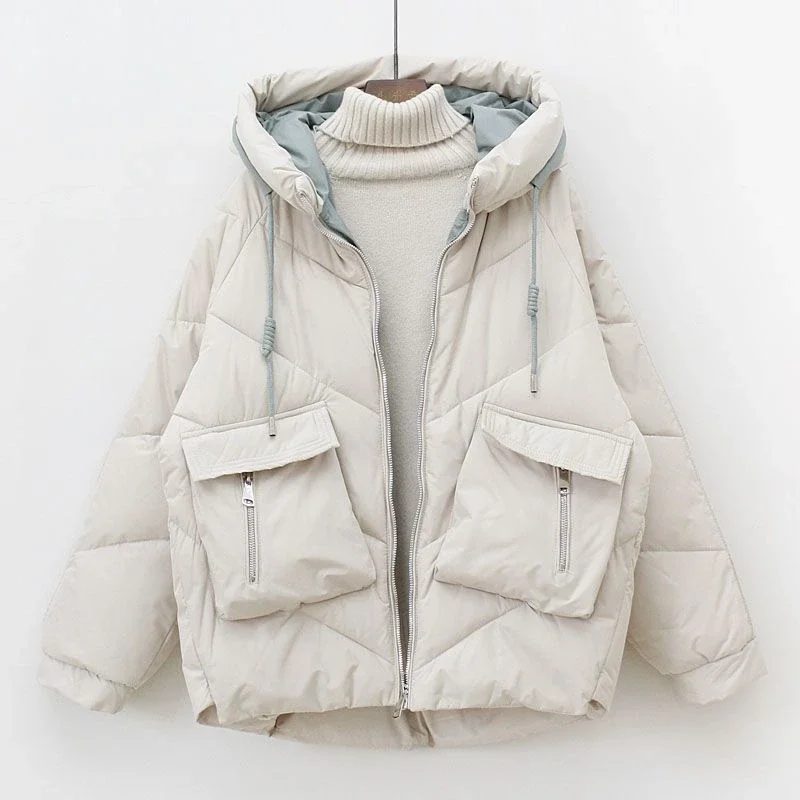 

Down Padded Jackets 2021 New Winter Coats Loose Short Jacket Casual Women Parka Tether Hooded Jackets Thick Female Parkas REWR