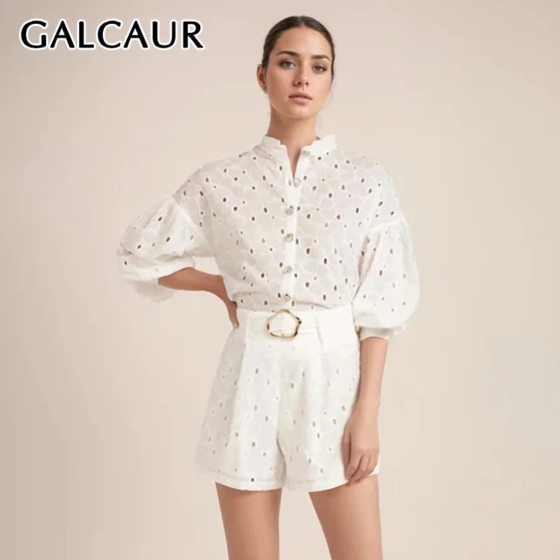 

Комплект из двух предметов GALCAUR Женский, повседневный Свободный Топ с воротником-стойкой, коротким рукавом, шорты с поясом и высокой талией, с вырезами