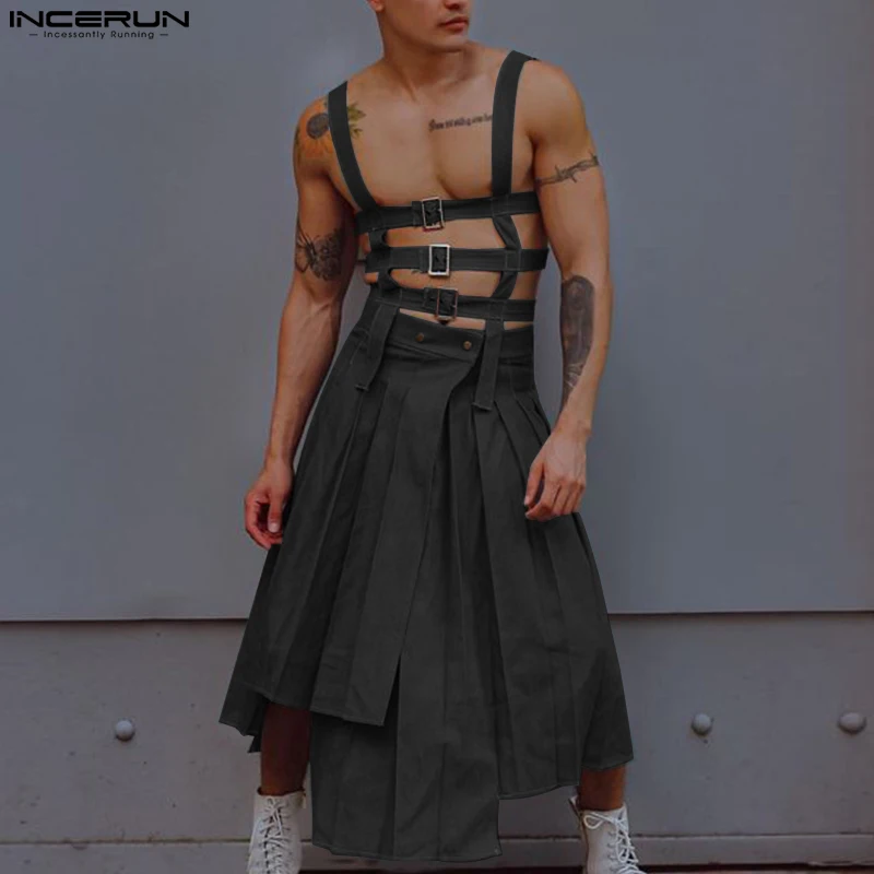 Men Irregular Skirts Jumpsuits Solid Hollow Out Straps Rompers Pants Streetwear Personality Male Skirts S-5XL men rompers