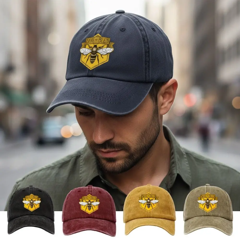 SAVE BEES 프린트 바이저 야구 모자 조절 가능한 워싱 코튼 야구 모자 페이디드 아웃도어 레저 카스켓