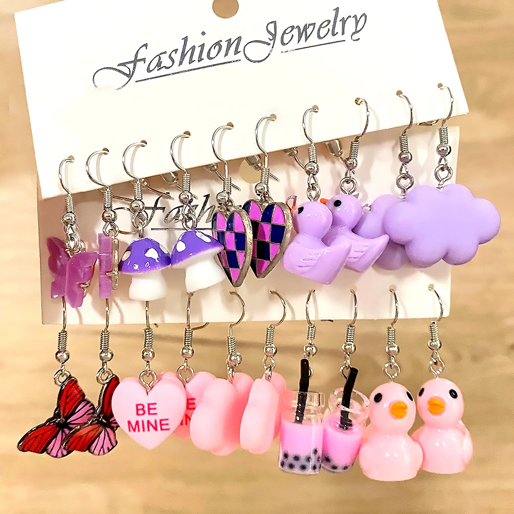 FNIO Cartoon Animal Butterfly Duck Dangle Earring Set Geometric Cute Heart Hear Drop Earring For Woman Girl Kids Jewelry Gifts