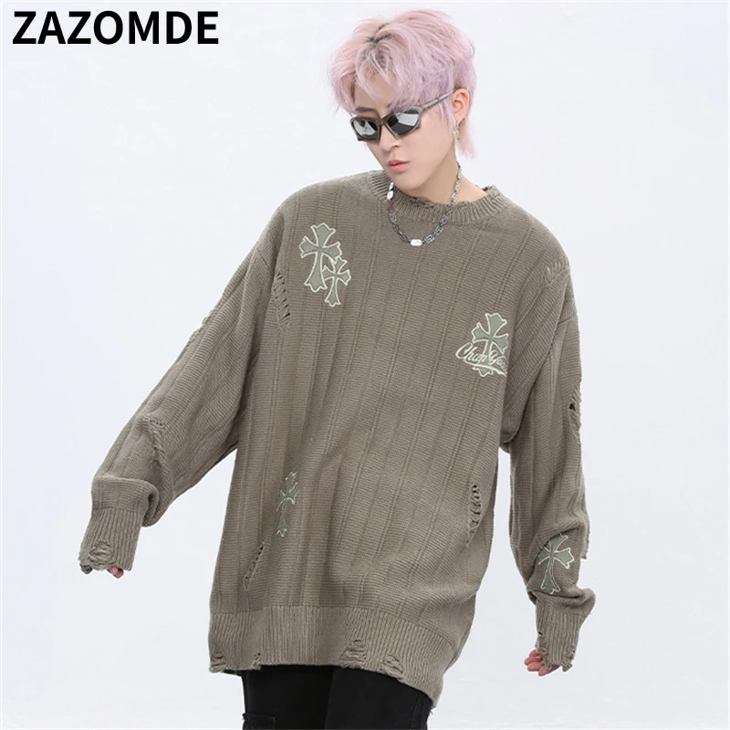 ZAZOMDE 2022 Knit Sweaters Men Streetwear Hip Hop Pullovers Jumper Fashion Oversized Sweaters   All-match Men Winter Clothes