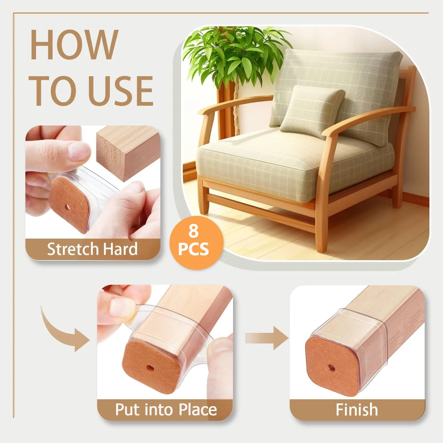 Silicone Floor Protector Chair Leg Caps with Felt Pads - Set of 8