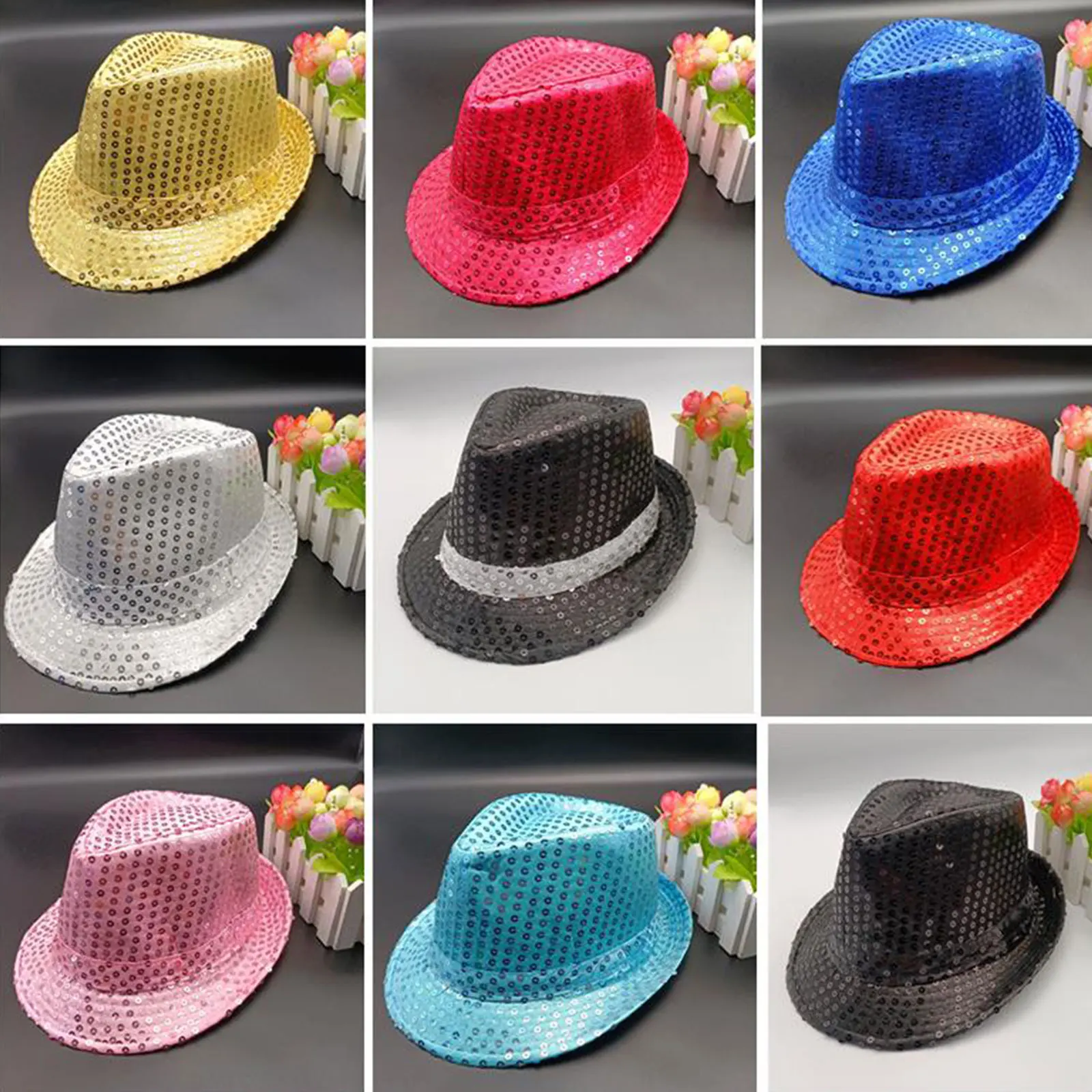 12 Colors Men Women Jazz Hat Sequins Decorated Stage Dance Performance Party Holiday Hat