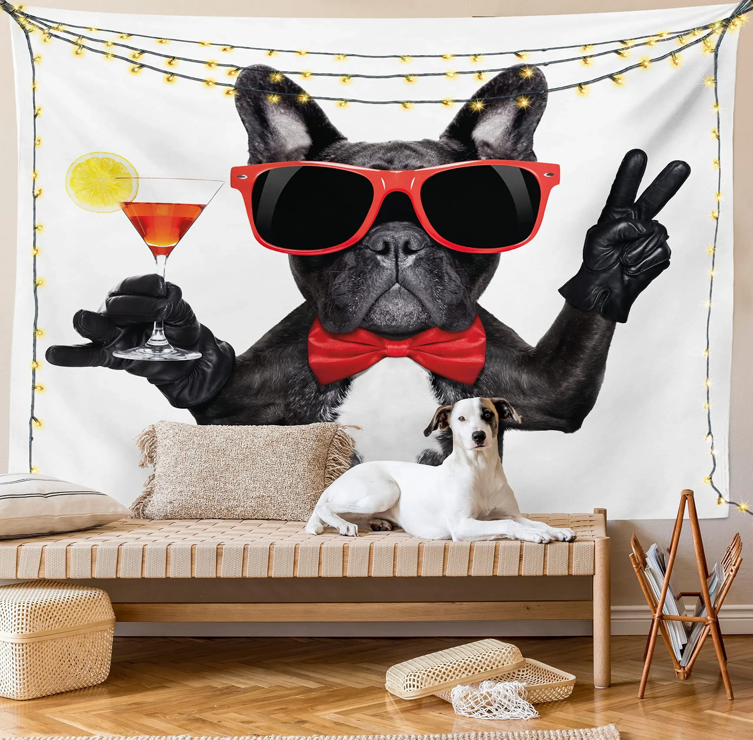 

Funny Tapestry French Bulldog Holding Martini Cocktail Ready for Fabric Wall Hanging Decoration for Room Living Room Red Black