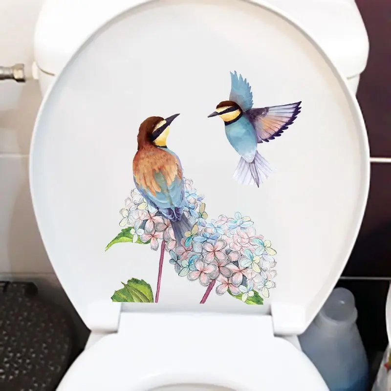 Hand-Painted Pink Flowers And Birds on Branches Toilet Bathroom Toilet Cover Sticker Wall Stickers Wc Home Decoration S218