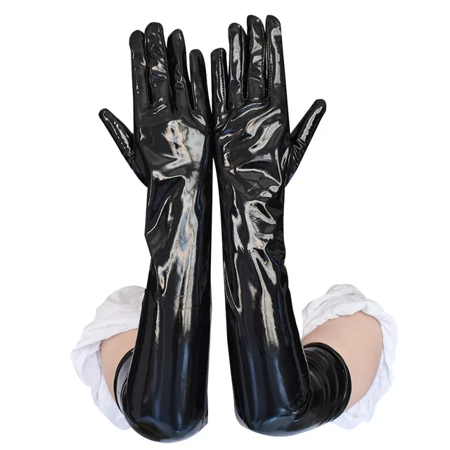 Adult Sexy Long Black Latex Gloves Metallic Wet Look Faux Leather