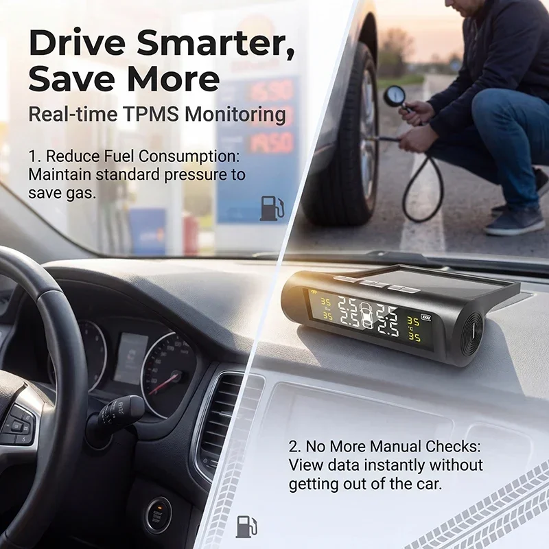 Sistema di Monitoraggio della Pressione degli Pneumatici (TPMS) con Ricarica Solare, 4 Sensori Interni/Esterni, Display in Tempo Reale, Allarme Automatico, Accessori Auto - Image 3