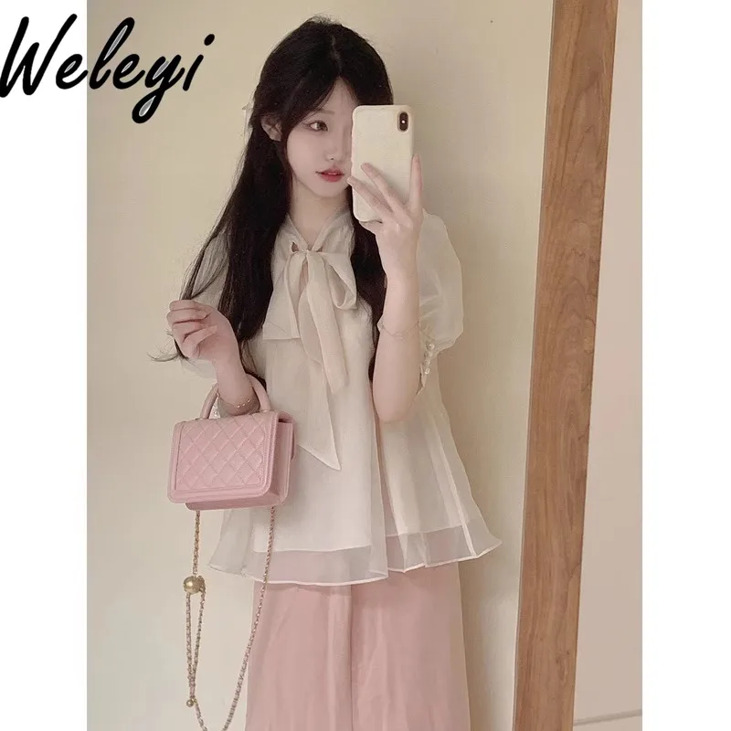 

French Fashion Kawaii Lace Up Shirt Top 2024 Spring and Summer New Korean Style Women's Wear Chic Koszule I Bluzki Two Piece Set