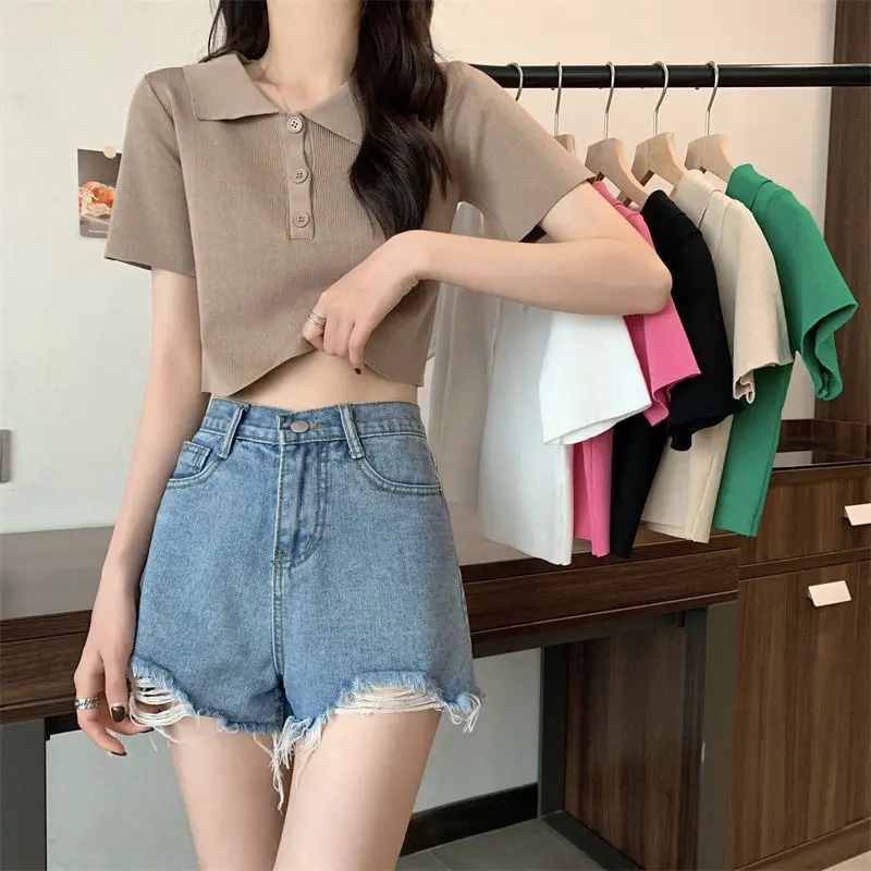 

White Collared Shirt Short Sleeve Striped Casual T-Shirts Rib Jumper Knit Solid Green Polo Button Cropped Tops For Women Trendy