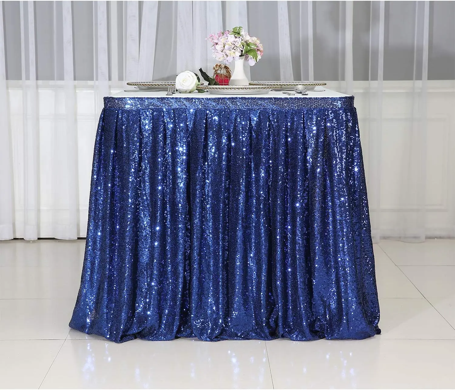 Spakly Draped drop Sequin Table Skirt for Birthday Party Baby Shower Dessert Table Wedding Cake Exhibition Reception