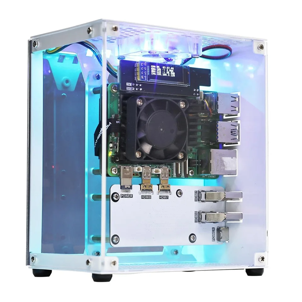 Get! For Raspberry Pi 5 Case, Micro-type Desktop Case with Active Cooler, PWM Fan, RGB Lighting Bar, Mini Tower PC Case