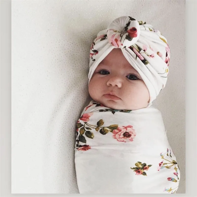 Baby Swaddle wrap Print Newborn Photography Wrap with Turban Hat Infant Photo Shooting Outfits Baby Receiving Swaddle Blanket
