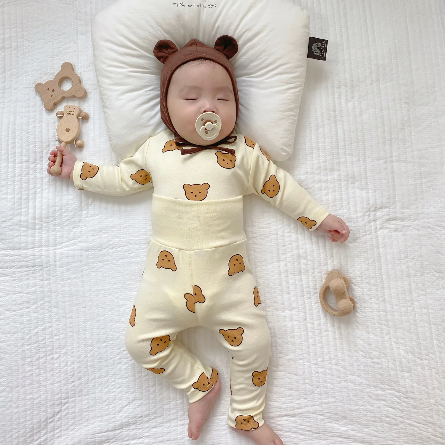 Cotton Ins Korean Baby Girls Clothes Full-sleeved+Pants 2pcs Toddler Cute Bear Breathable Home Pajamas Set Children Sleepwear