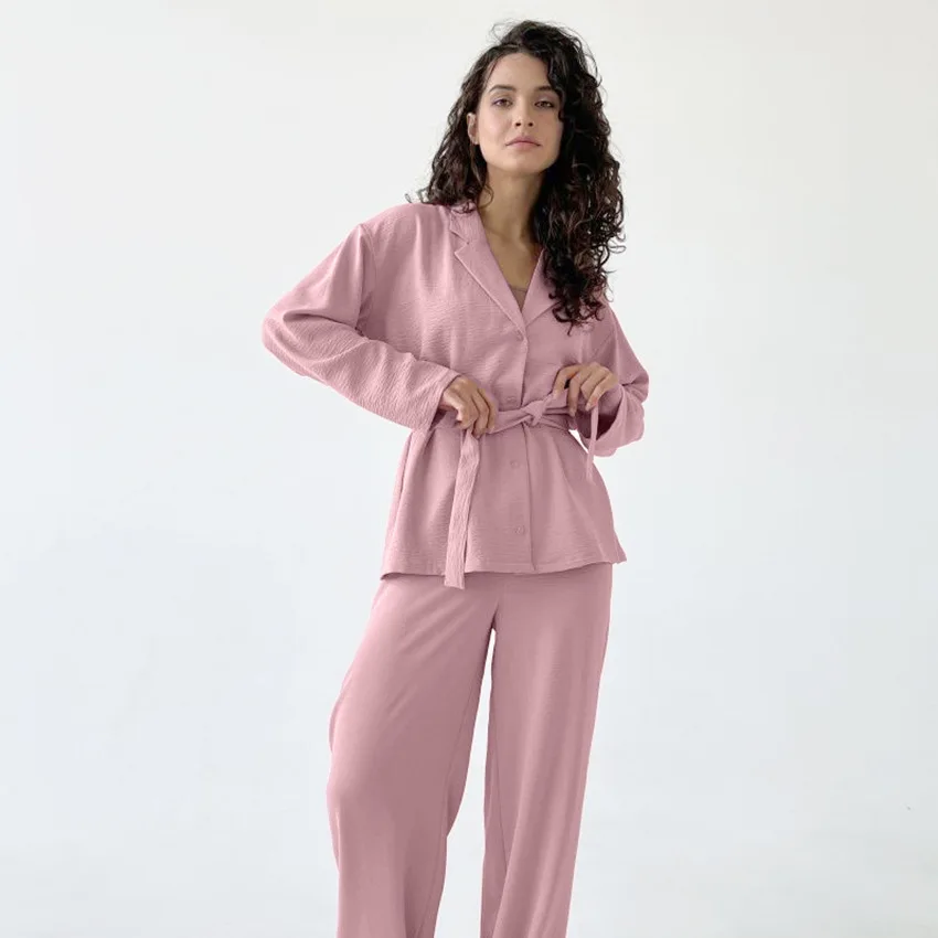 

Модные розовые теплые пижамные комплекты осень-зима новый Кардиган с длинным рукавом с поясом + брюки 2 шт. одежда для сна Милая женская домашняя ночная рубашка