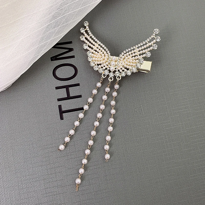 

1Pc Rhinestone Pearl Hairpin Angel Wings Hair Clip Tassel Headdress Women Headwear Hair Accessories