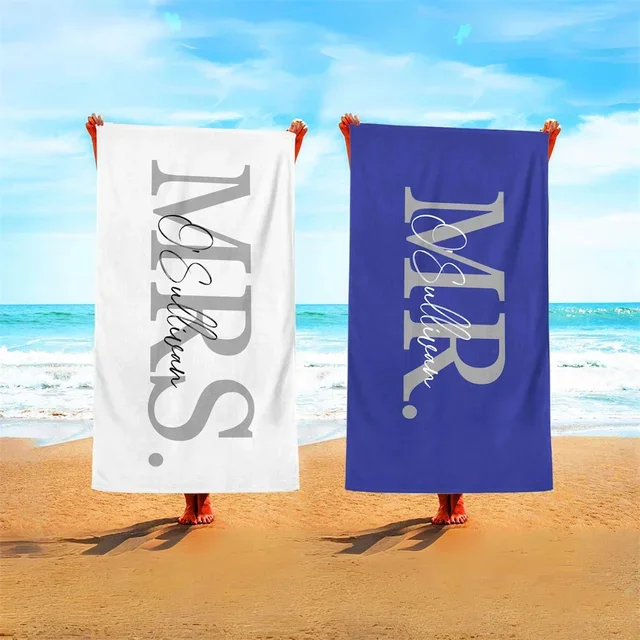 Custom Blue and White Mr. & Mrs. Beach Towel Set