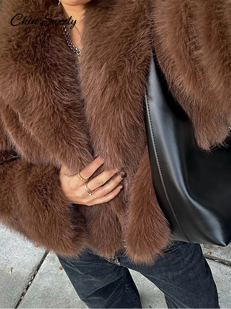 Brown Lapel Faux Fur Short Coat Women Fluffy Long Sleeve Warm Thick Loose Jacket 2024 Autumn Winter Lady High Street Outwear ﻿ 3