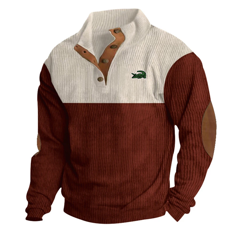 

Men's Pullover Outdoor Casual Buttoned Stand Collar Long Sleeve Pit Strip Corduroy Sweatshirt Autumn Winter Fashion