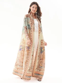 Miyake Pleated Turndown Collar Vintage Printed Long Sleeve Dress Women 1