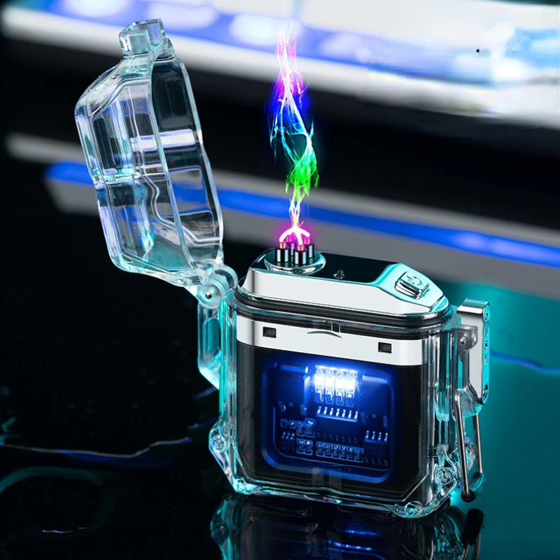 

New Transparent Shell Outdoor Waterproof Windproof Lighter Double Arc Type Cy Charging LED Power Display Lighters Gift For Men