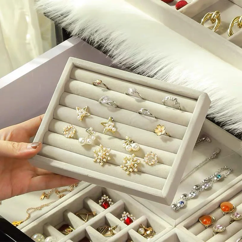 Velvet Jewelry Display Organizer Box Beige | Exquisite Jewellery Holder Tray for Rings ... - SKU VJDO0915 - UGI Packaging