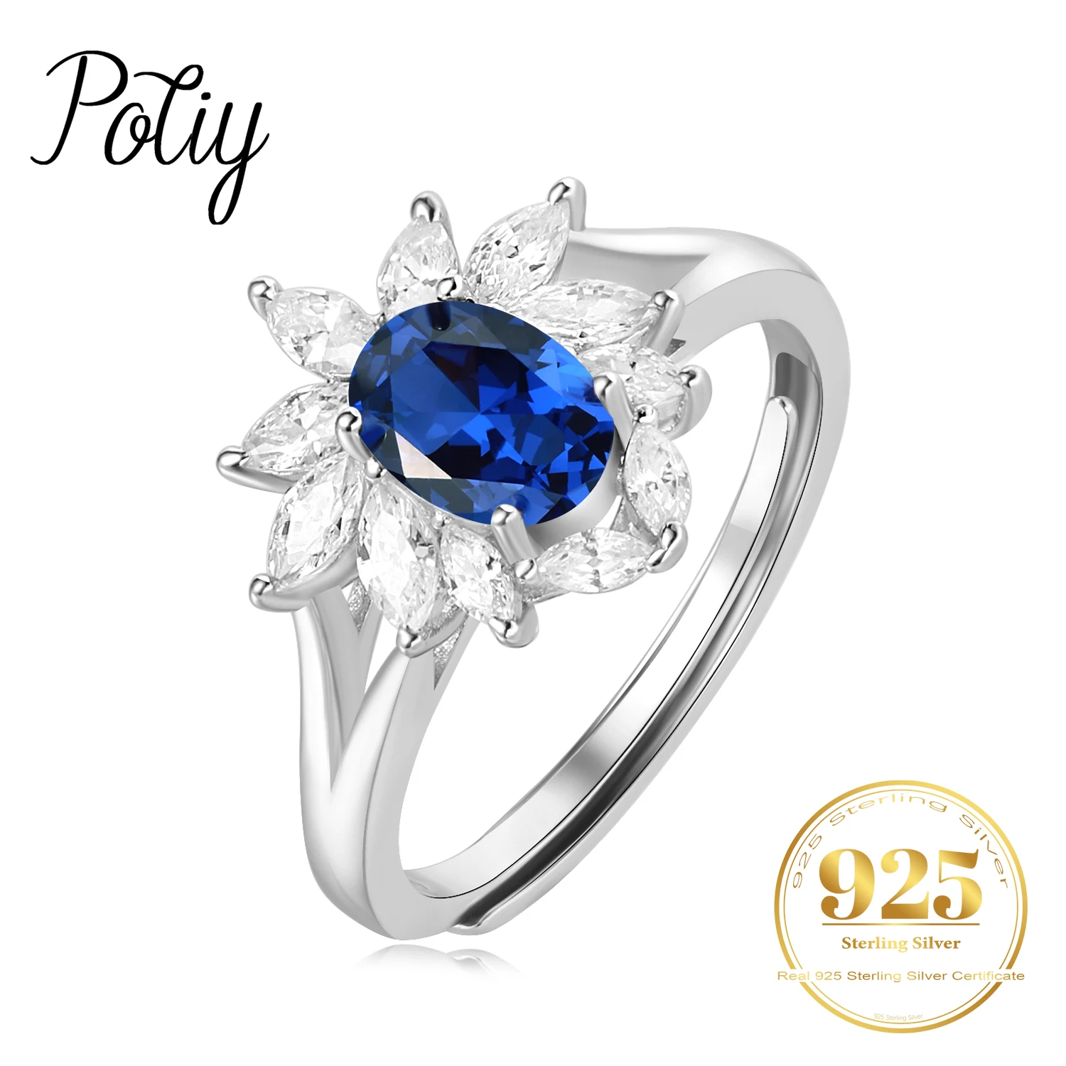 

Potiy Created Sapphire Open Adjustable Ring 925 Sterling Silver for Women Luxury Wedding Party Jewelry valentine days elegant