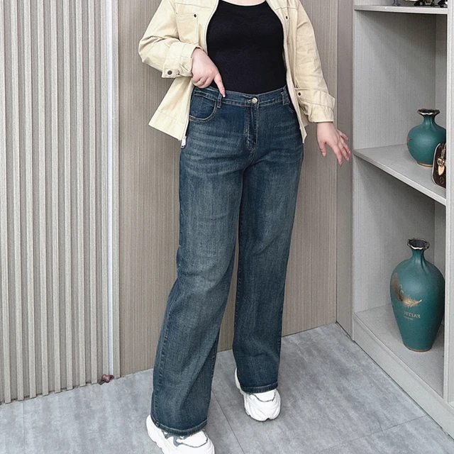 Women's High Waist Straight Jeans, Female Loose Stretched Denim, Casual Wide Leg Pants, Plus Size, Spring, Autumn, New