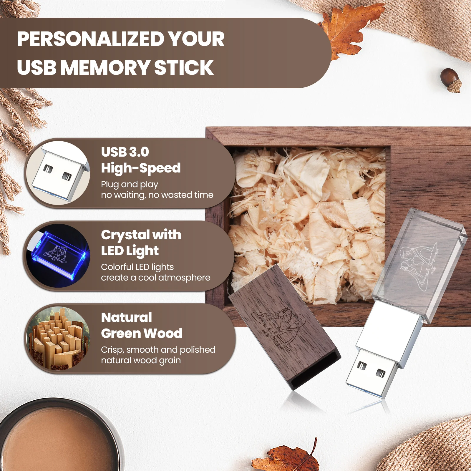 크리스탈 플러스 푸시풀 박스 메이플 USB 2.0 플래시 드라이브 8GB 16GB 32GB 64GB 128GB 무료 맞춤 로고 펜 드라이브 독창적인 비즈니스 선물