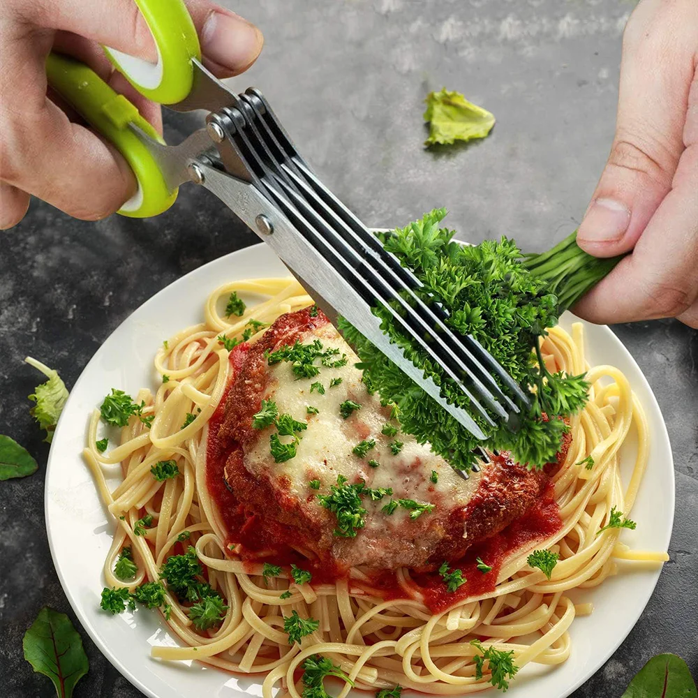 Herb Scissors  Stainless Steel 5 Blade Kitchen Shears Household Vegetable Cutter with Cover Multifunctional Kitchen Gadgets 3 Herb Scissors  Stainless Steel 5 Blade Kitchen Shears Household Vegetable Cutter with Cover Multifunctional Kitchen Gadgets 3