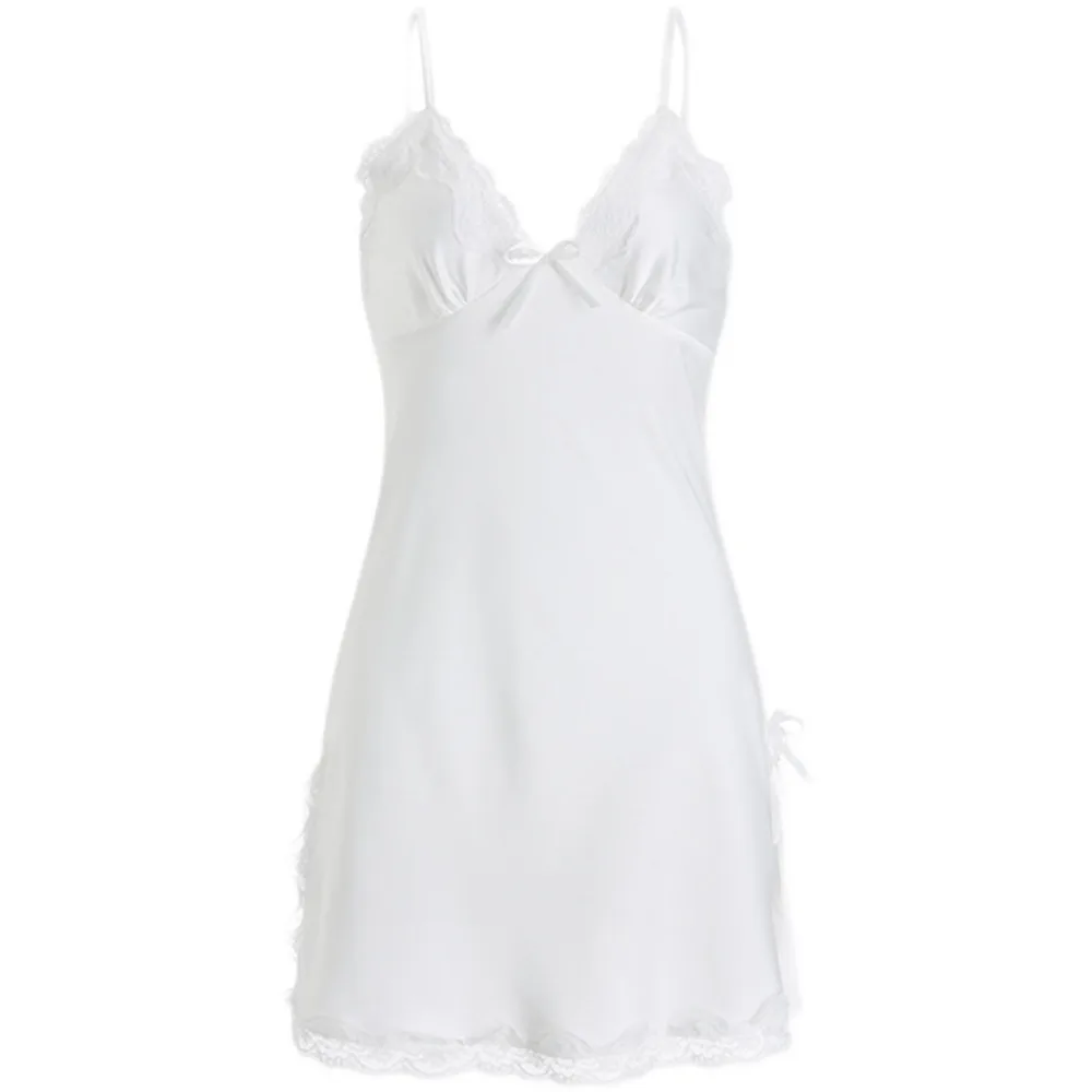 Lace Bow Women's Pajama Dress Sleeveless Split Ice Silk Suspender Nightdress Thin Party Dress Slim Sling Nightgown Club