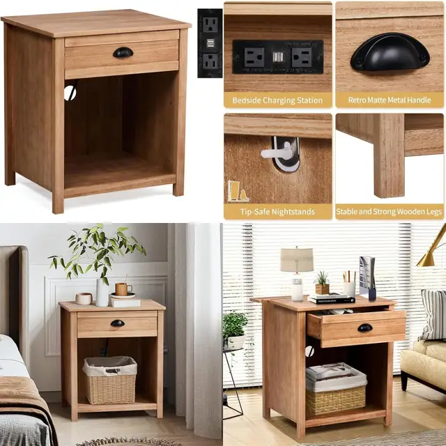 charging station nightstand in farmhouse style, pine wood with drawer for bedroom use