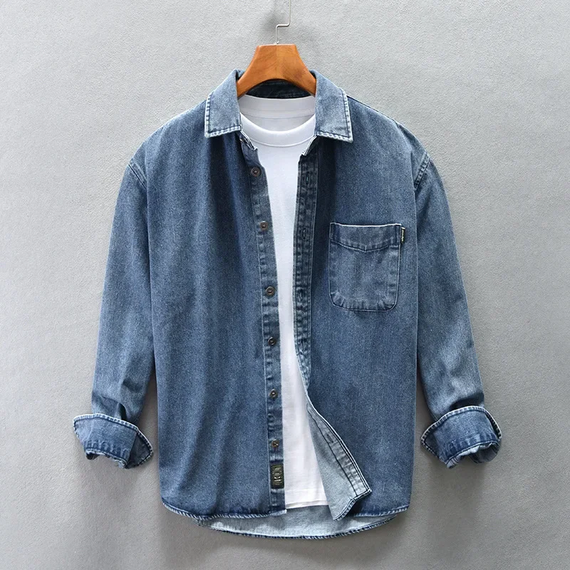 Z757 Japanese Style Casual Men's Denim Shirt Jacket Loose Fit Fall Sleeve-Length Cotton Crew Neck Shirt