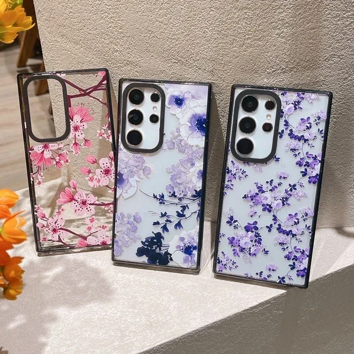 

Simple Flowers Acrylic Black Border Case for Samsung Galaxy S22 S23 S24 Ultra S23+ S24 Plus Protective Shell
