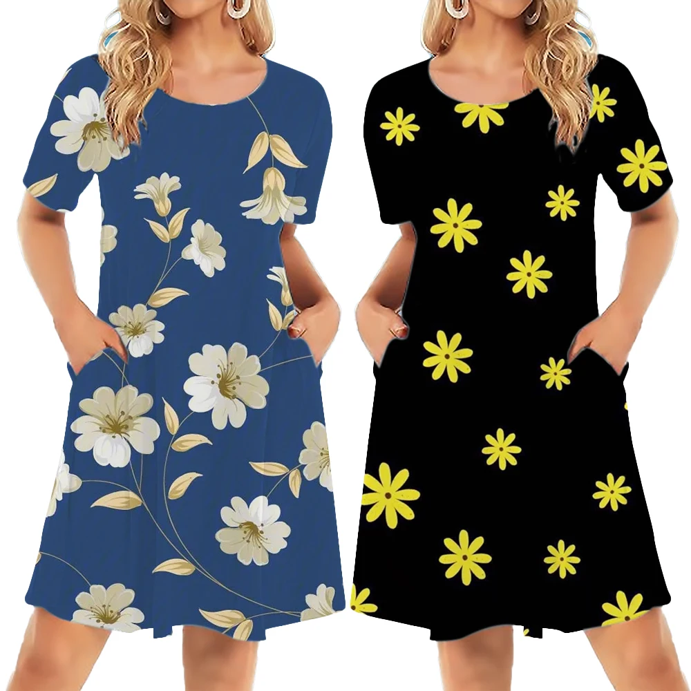 

Women Floral Print Dress Ladies Casual Loose A-Line Midi Sundress Beach Party Bohemian Round Collar T-shirts Knee-length Skirt