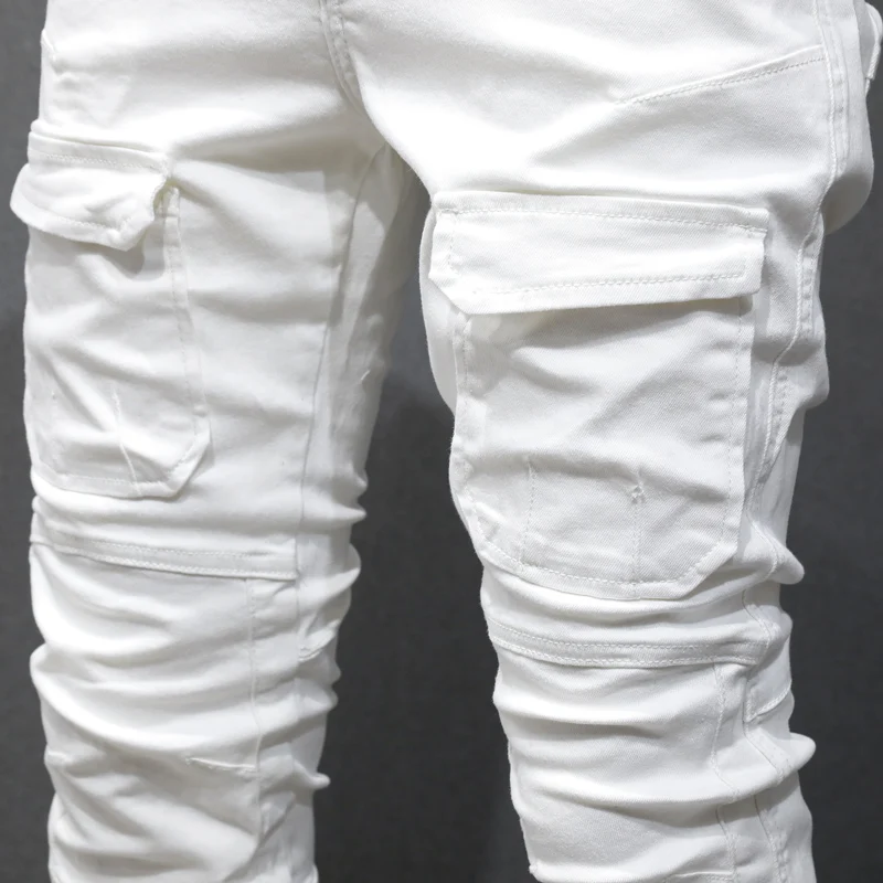 High Street Fashion Men Jeans White Elastic Stretch Skinny Fit Biker Jeans Homme Pocket Patched Designer Hip Hop Denim Pants Men