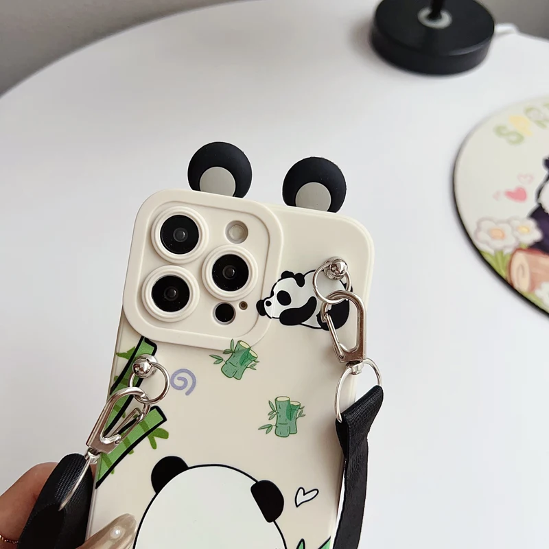 Universal Phone Case with Holder Rope and Ear Panda Design
