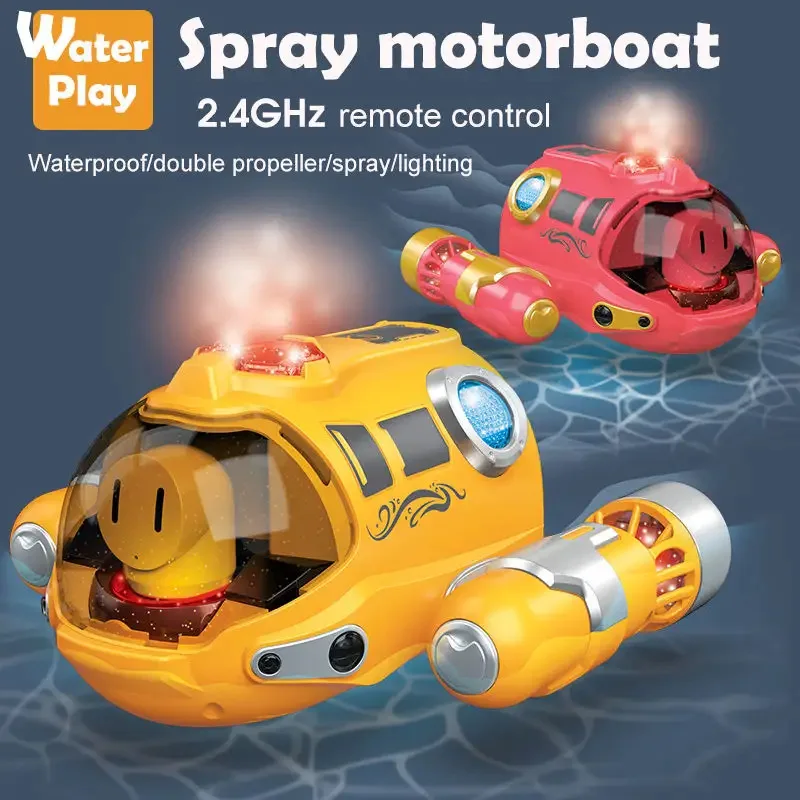 Bateau rapide 2.4GHz vu de côté, coque profilée et lumières LED avant et arrière.