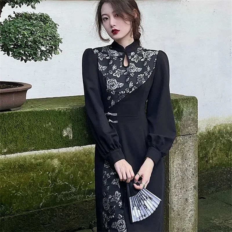 

Black Dress Spring Young French Niche Long Sleeved Dress Retro Improved Cheongsam Feminine Temperament Slim Fashionable Long Ski