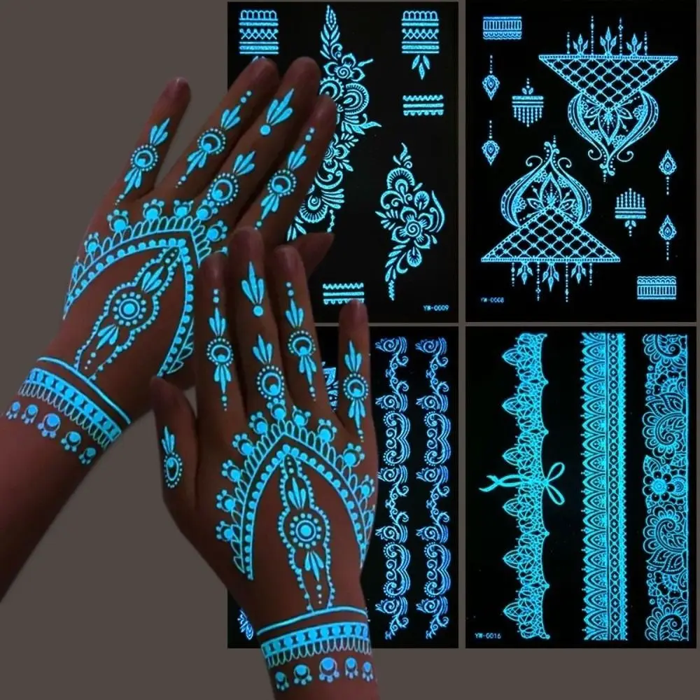 6 Sheets Blue Luminous Henna Tattoo Stickers Lasting Sweatproof Mandala Temporary Tattoos White Body Art Lace Fake Tattoos Arm
