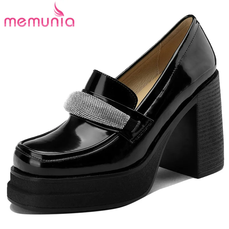 

MEMUNIA 2023 New Genuine Leather Loafers Shoes Women Bling Female Slip On Spring Dress Pumps Thick High Heels Platform Shoes