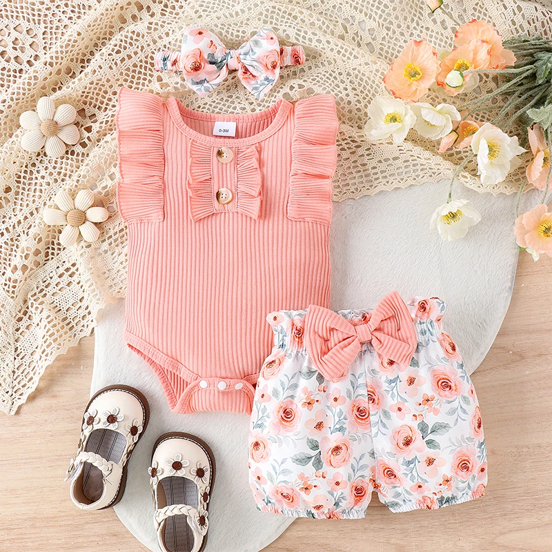 

Newborn Baby Girl Summer Clothes Flying Sleeve Ribbed Romper Flower Printed Shorts Headband 3 Piece Outfits Sets