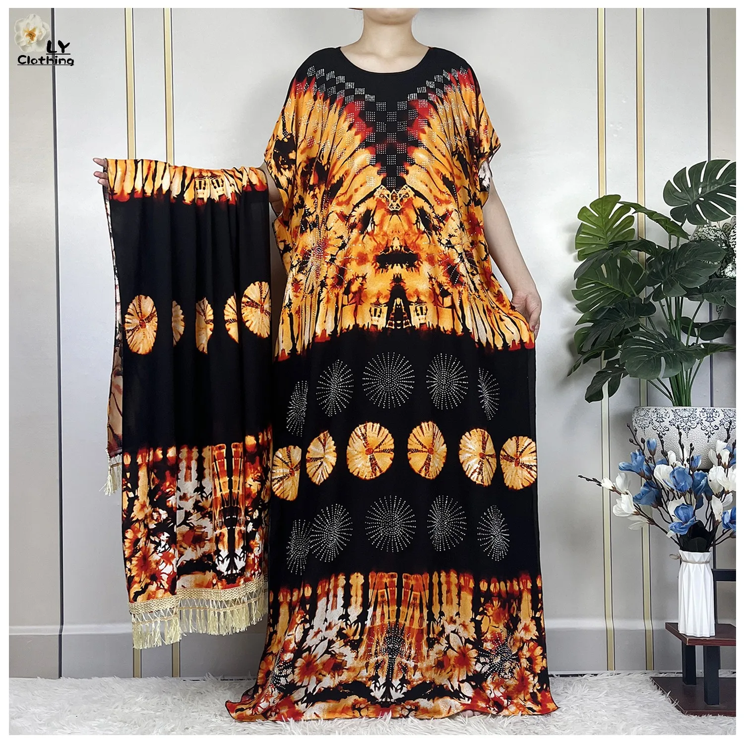 2023 New African Abaya Lady Short Sleeve Dress With Big Lace Scarf Cotton Printing Tie-dyed Maxi Islam Women Summer Loose Robe 1