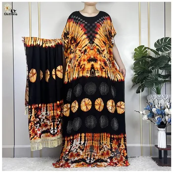 2023 New African Abaya Lady Short Sleeve Dress With Big Lace Scarf Cotton Printing Tie-dyed Maxi Islam Women Summer Loose Robe 1