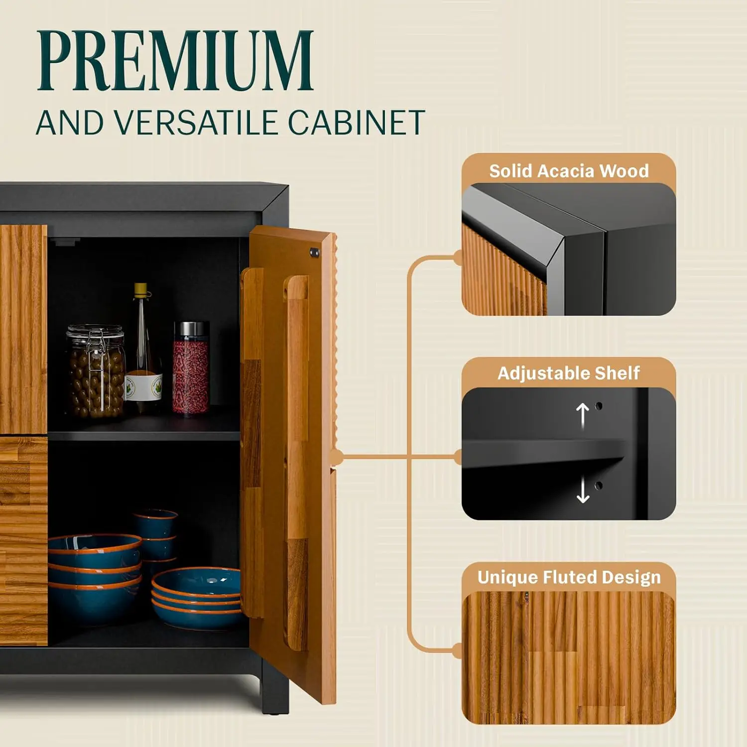 Bme Madia Accent Cabinet, Trendy Fluted Pattern Entryway Table with Storage with Convenient Soft-Close Doors, Solid Acacia Wood