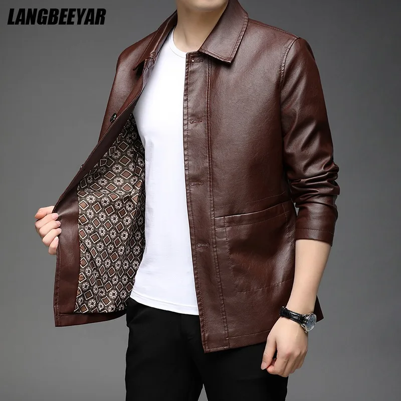 Top Grade New Brand Designer Casual Fashion Brown Faux Pu Fashion Leather Jacket Men Biker Classic Coats Mens Clothing 2023