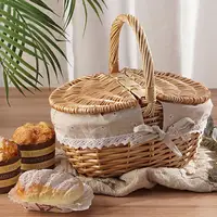 Wicker Picnic Basket With Lid Handle Picnic Hamper Handmade Willow Woven Storage Hamper Outdoor Camping Fruit Basket Container 2