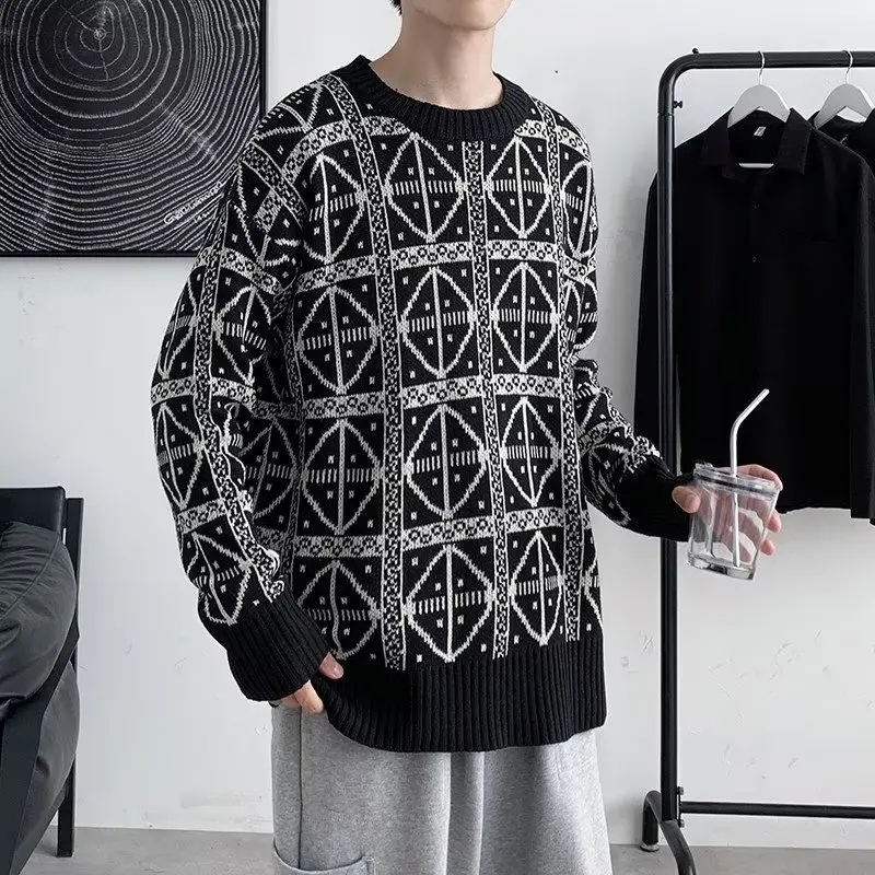 Fashion Brand Design Feeling Round-neck Sweater Men's Autumn and Winter High Street Lazy Trend Loose Pullover Jacquard Sweater